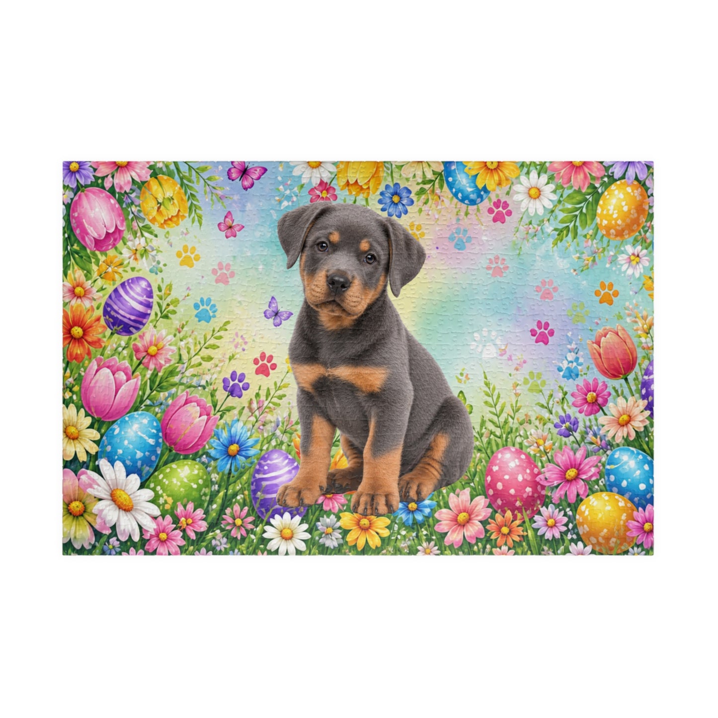 Rottweiler (Blue) Easter Puppy Puzzle - Spring Garden with Eggs, Tulips, and Butterflies