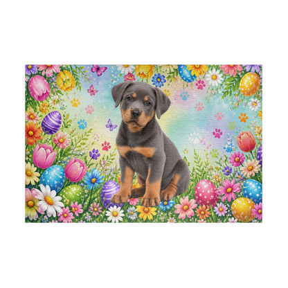 Rottweiler (Blue) Easter Puppy Puzzle - Spring Garden with Eggs, Tulips, and Butterflies