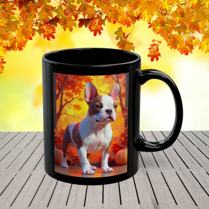 French Bulldog Red Pied - Autumn black mug, seasonal Frenchie lover gift for dog moms and dads