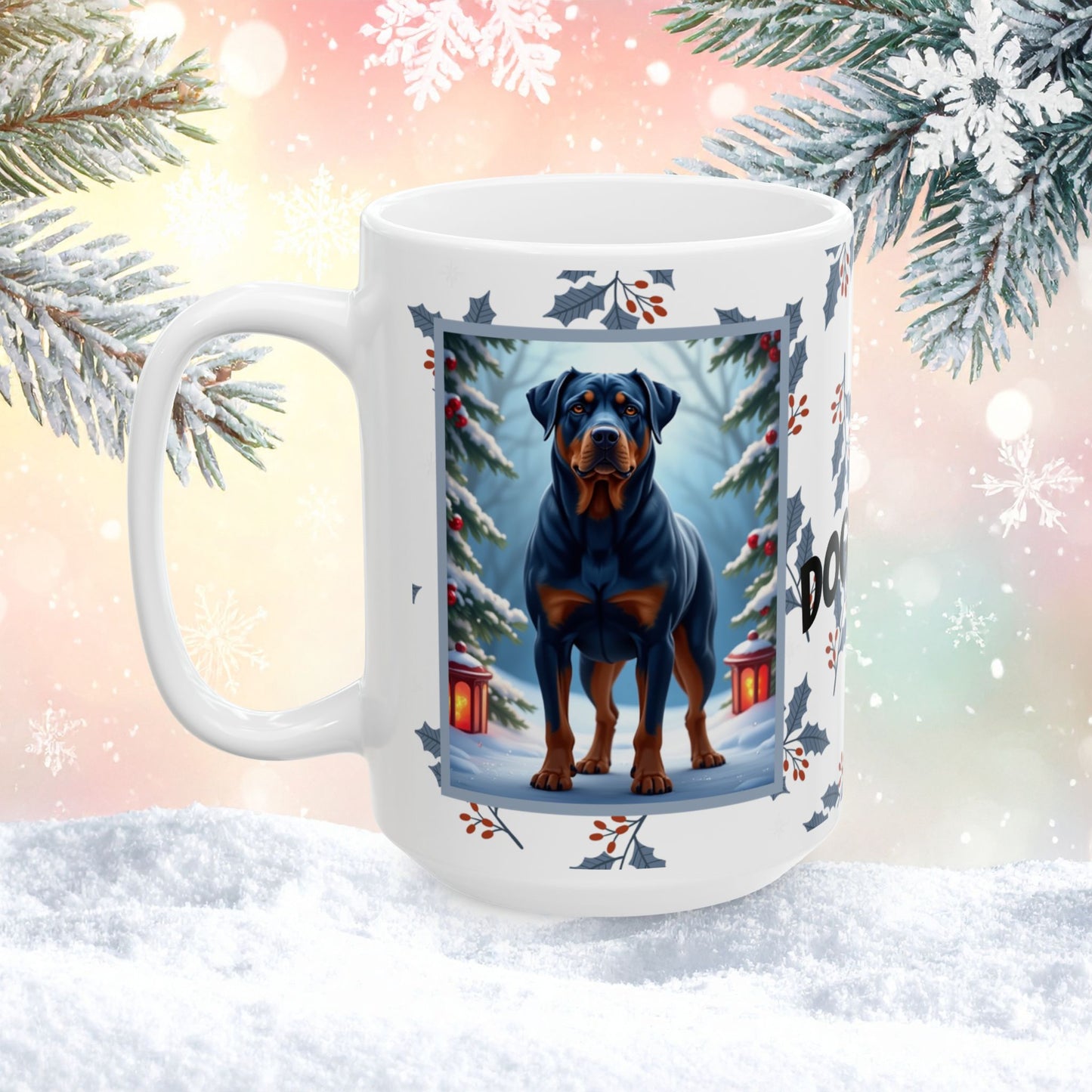 Rottweiler (Blue) Winter Mug - blue rottweiler illustrated standing confidently in a winter setting with snow