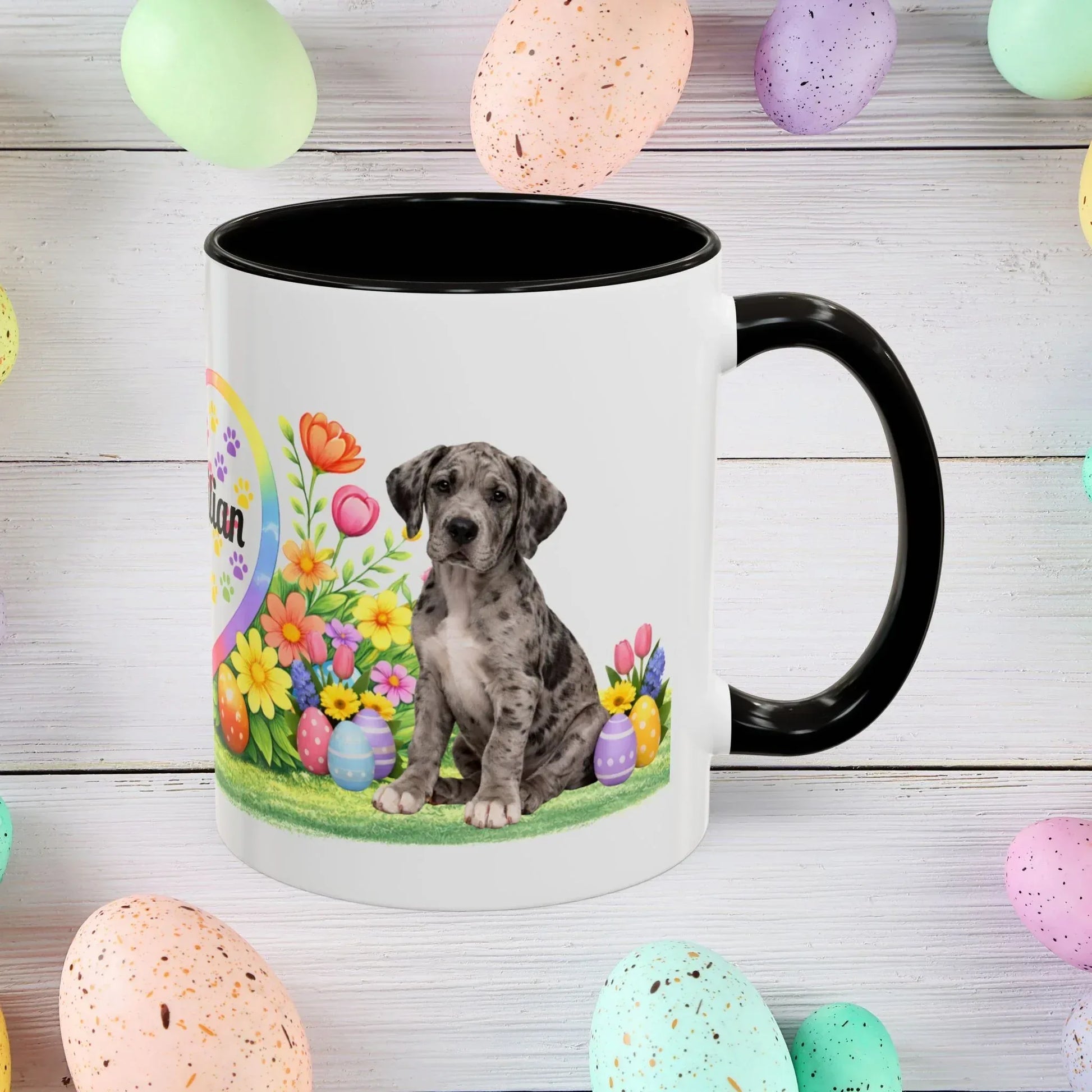 Shop our great dane merle puppy easter mug featuring the 11oz style option from MySisterIsASurvivor.