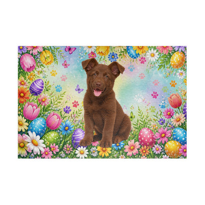 German Shepherd (Solid Liver) Easter Puppy Puzzle - Spring Garden with Eggs, Tulips, and Daisies
