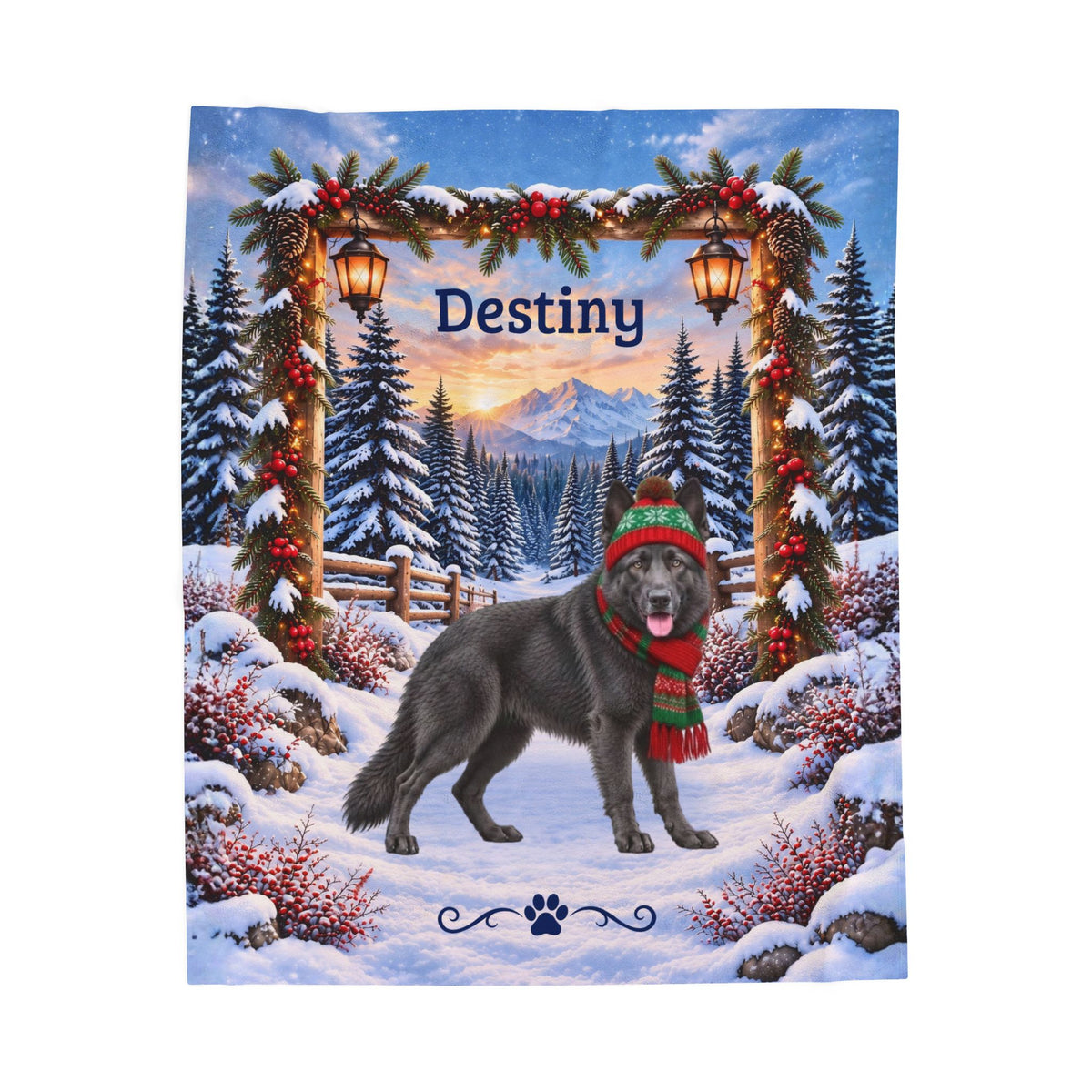 German Shepherd (Blue Steel Coat) - Personalized Winter Forest Blanket, Custom Name Velveteen Throw - MySisterIsAsurvor