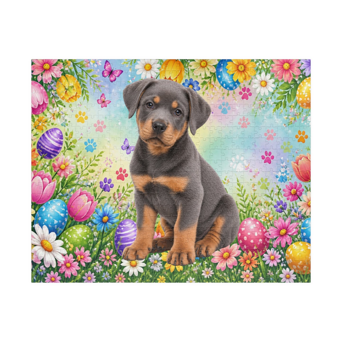 Rottweiler (Blue) Easter Puppy Puzzle - Spring Garden with Eggs, Tulips, and Butterflies