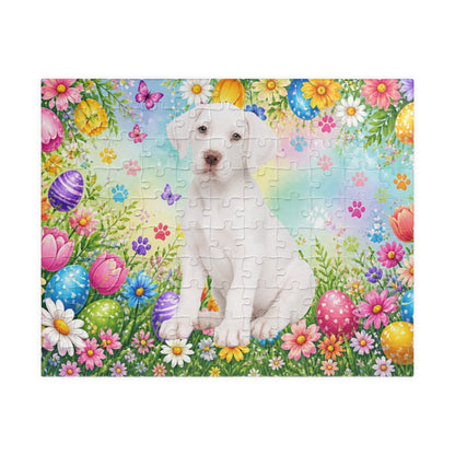 Great Dane (White) Easter Puppy Puzzle - Spring Garden with Eggs, Tulips, and Daisies
