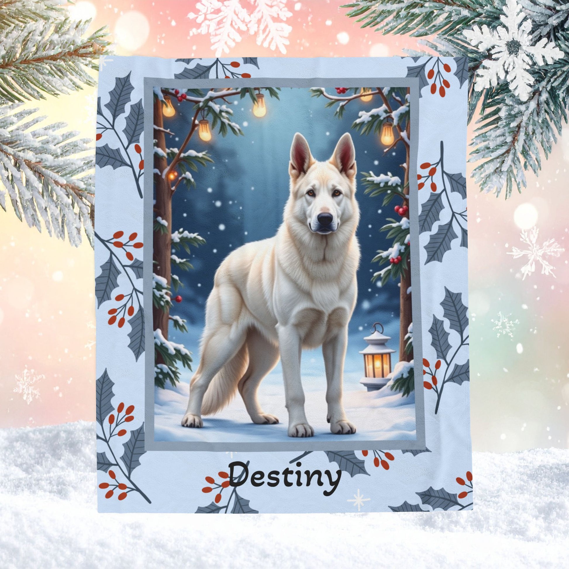 German Shepherd White personalized winter throw featuring a white German Shepherd in a bright lodge winter setting