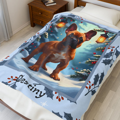 French Bulldog Red Fawn personalized winter throw with adorable Frenchie art and festive snowy lodge background