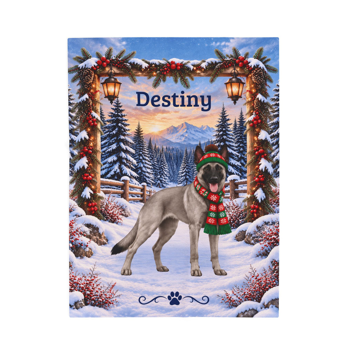 Belgian Malinois (Gray Coat) - Personalized Snowy Mountain Throw, Custom Dog Name Winter Blanket