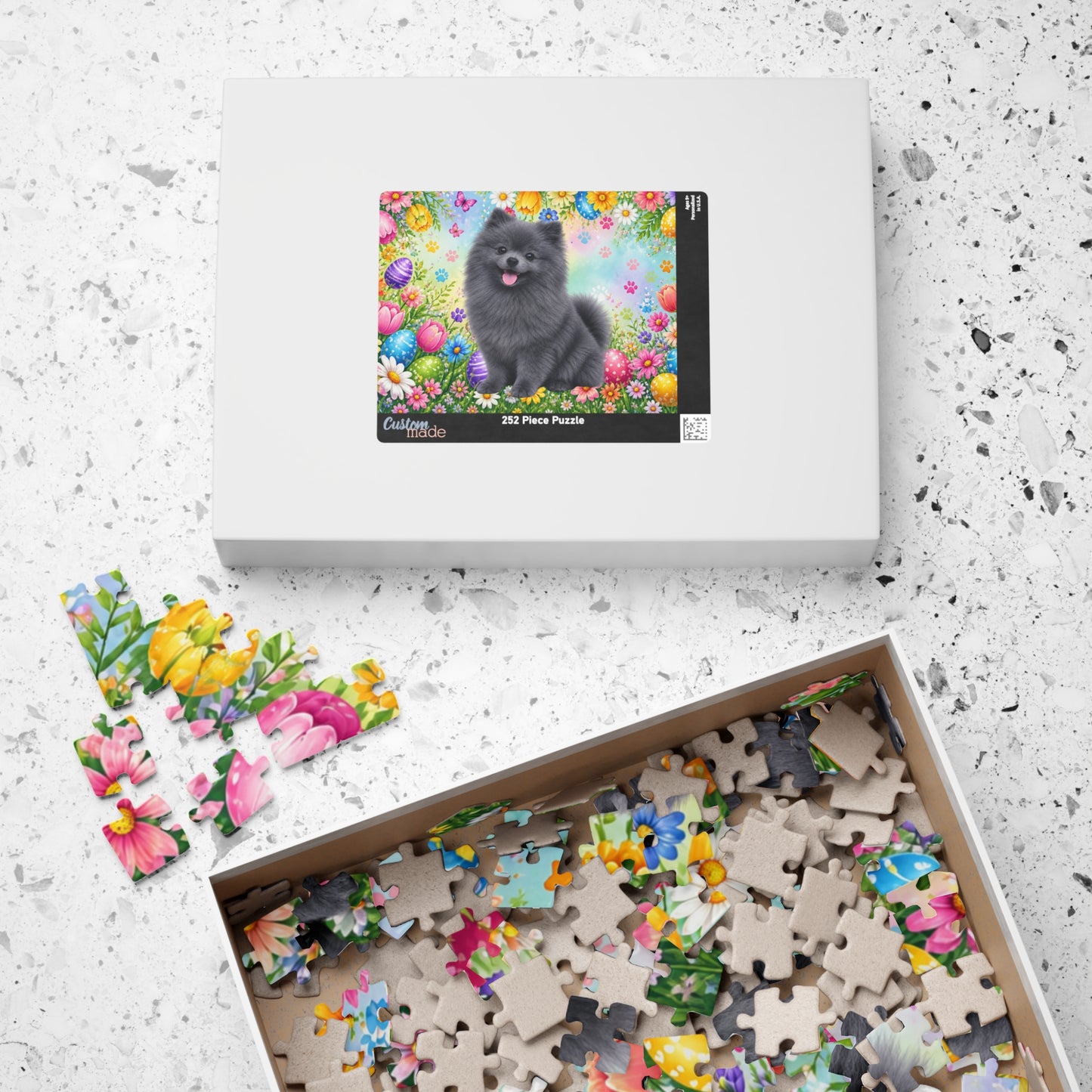 Pomeranian (Blue) Easter Puppy Puzzle - Spring Garden with Eggs, Tulips, and Daisies