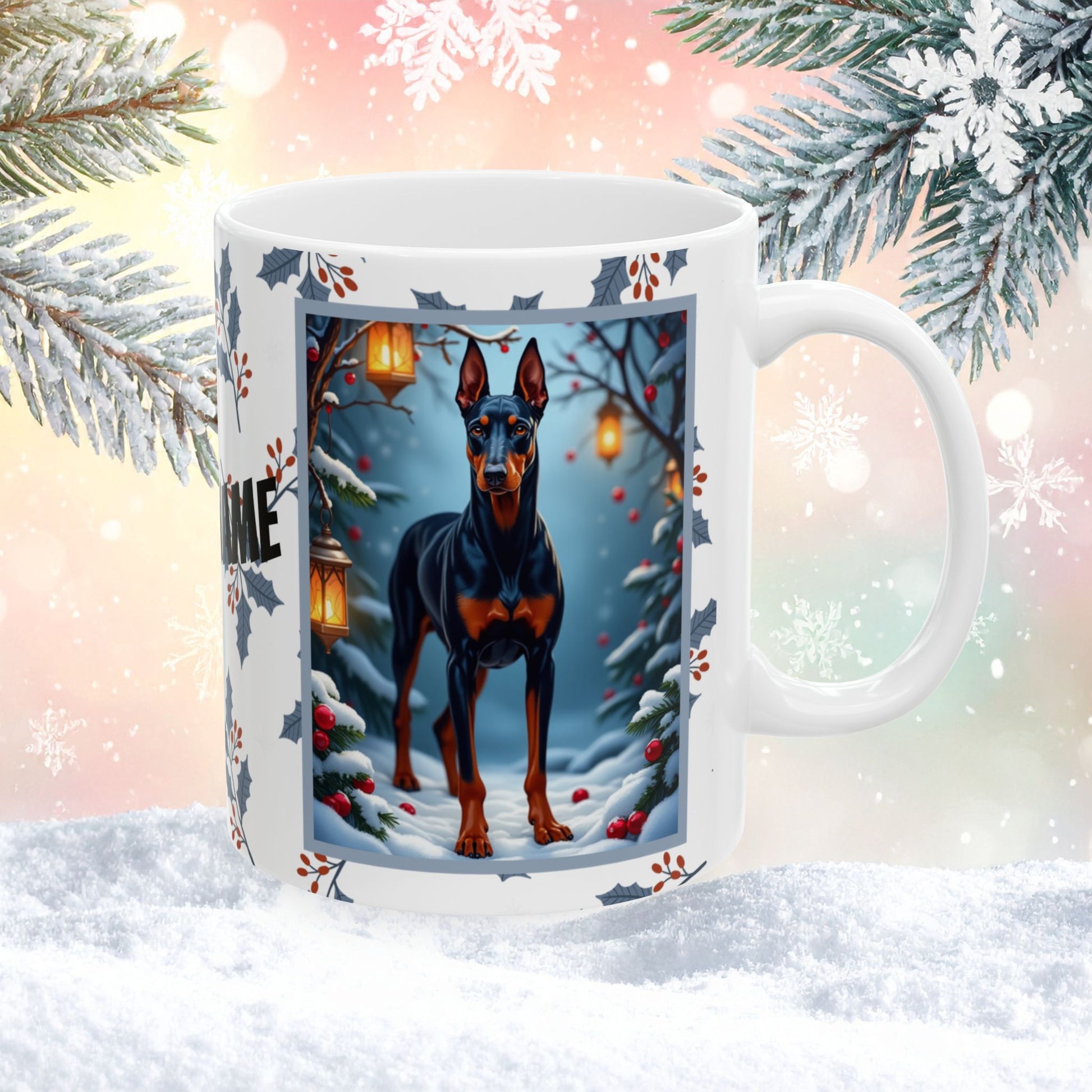 Doberman (Blue & Rust) Winter Mug - blue and rust Doberman artwork standing in a cozy winter setting with snow-covered trees