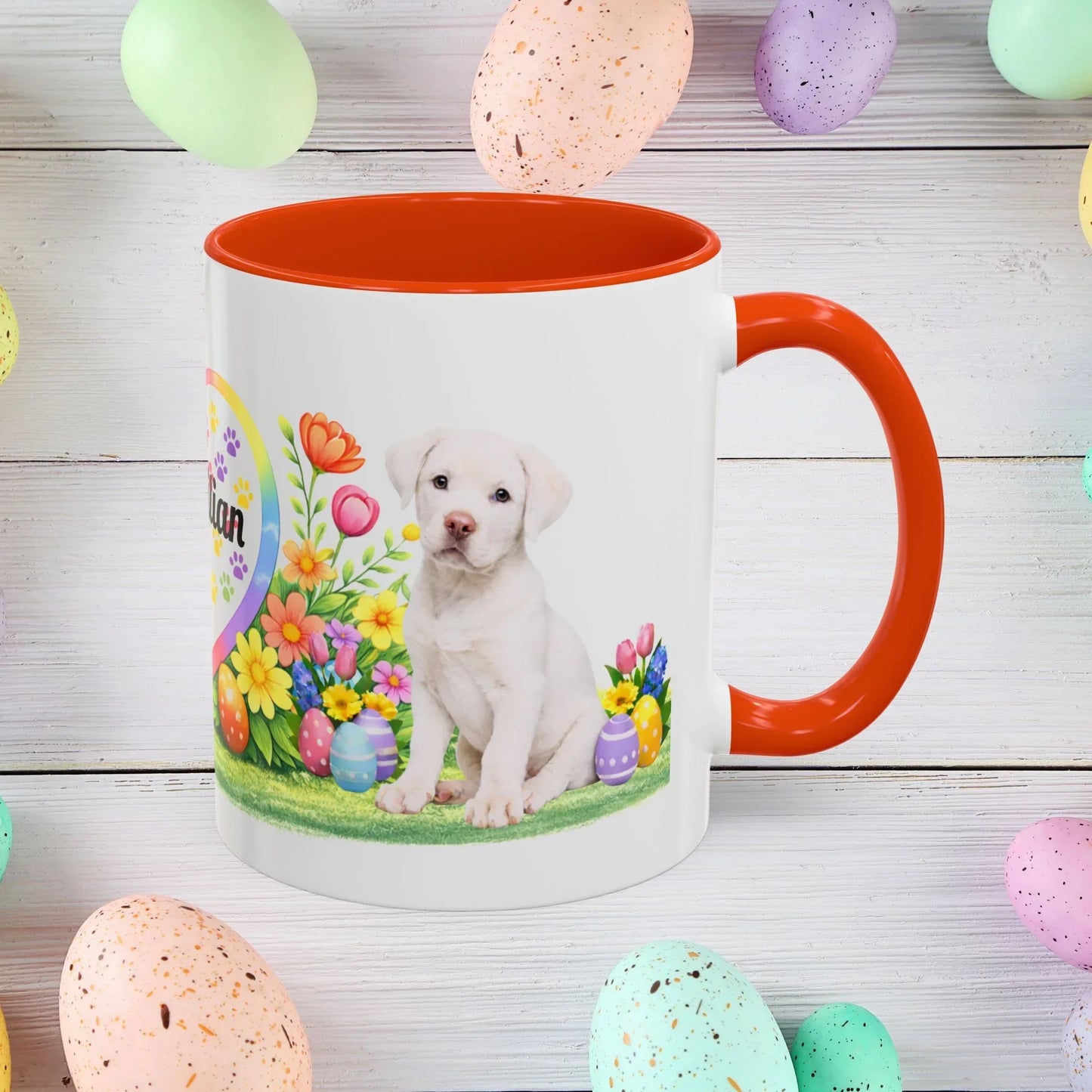 Shop our rottweiler white puppy easter mug featuring the 11oz style option from MySisterIsASurvivor.