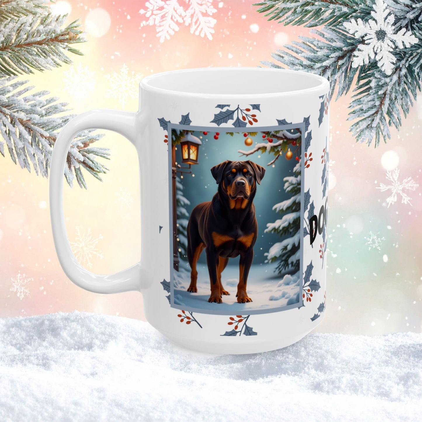 Rottweiler (Chocolate) Winter Mug - chocolate rottweiler artwork standing in a cozy winter scene with snowy background