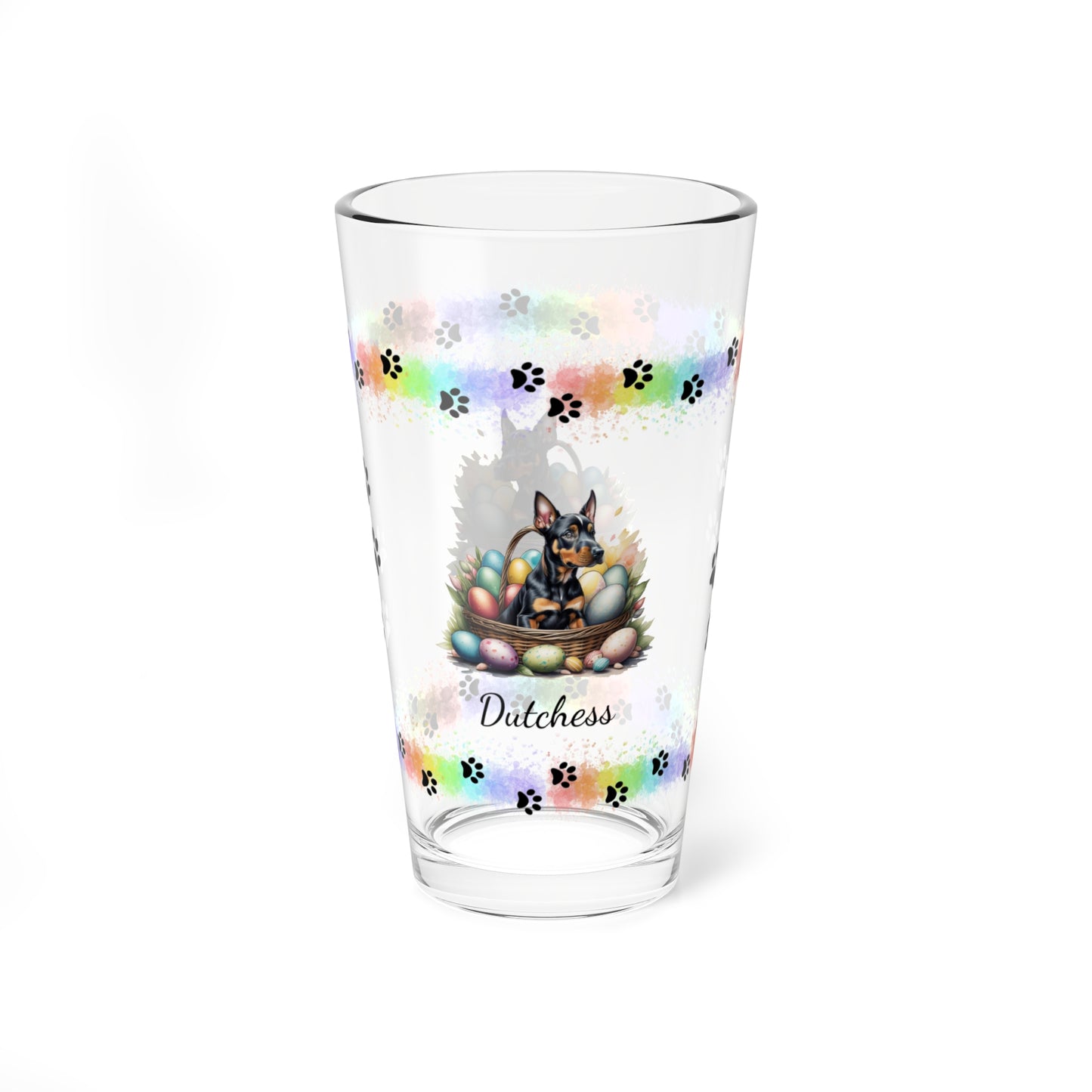 Doberman Personalized Easter Puppy 16oz Pint Glass - Custom Dog Design, Mental Health Gift, Easter Décor, and Festive Celebrations