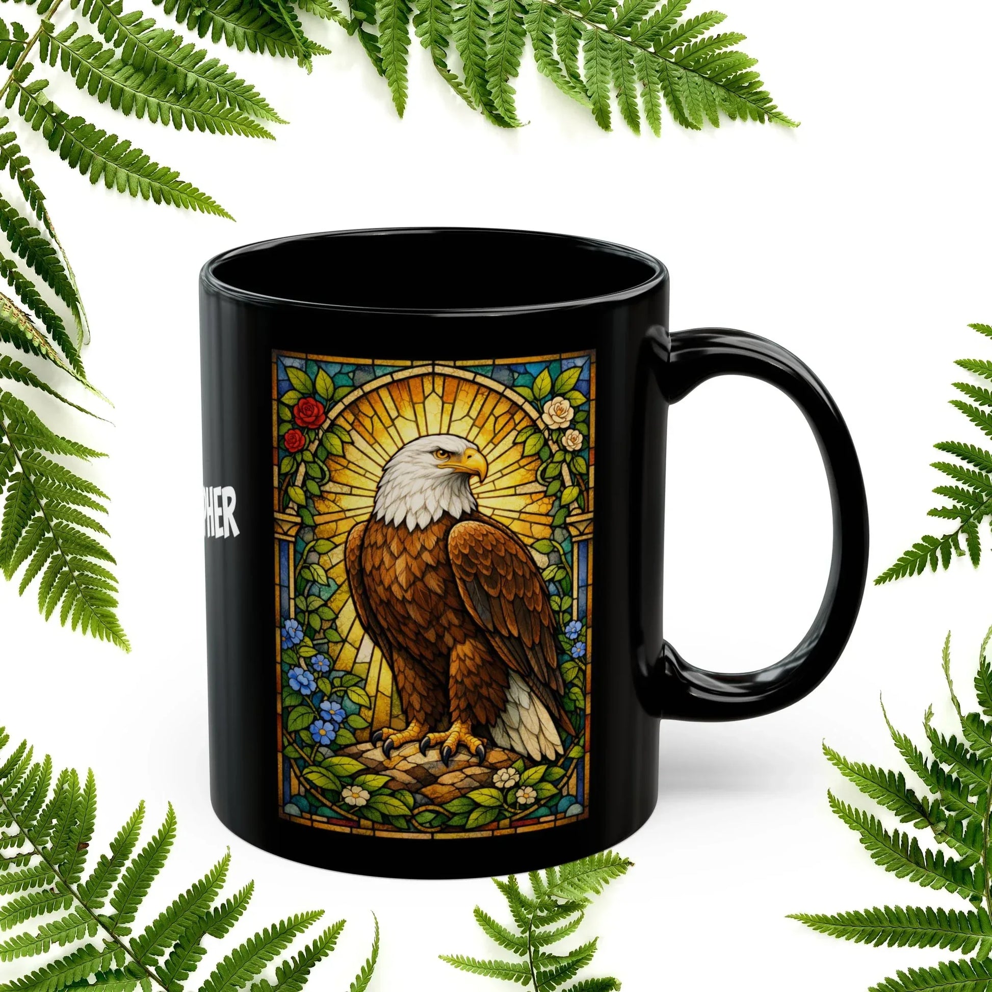 Shop our premium eagle stained glass style black mug from MySisterIsASurvivor.