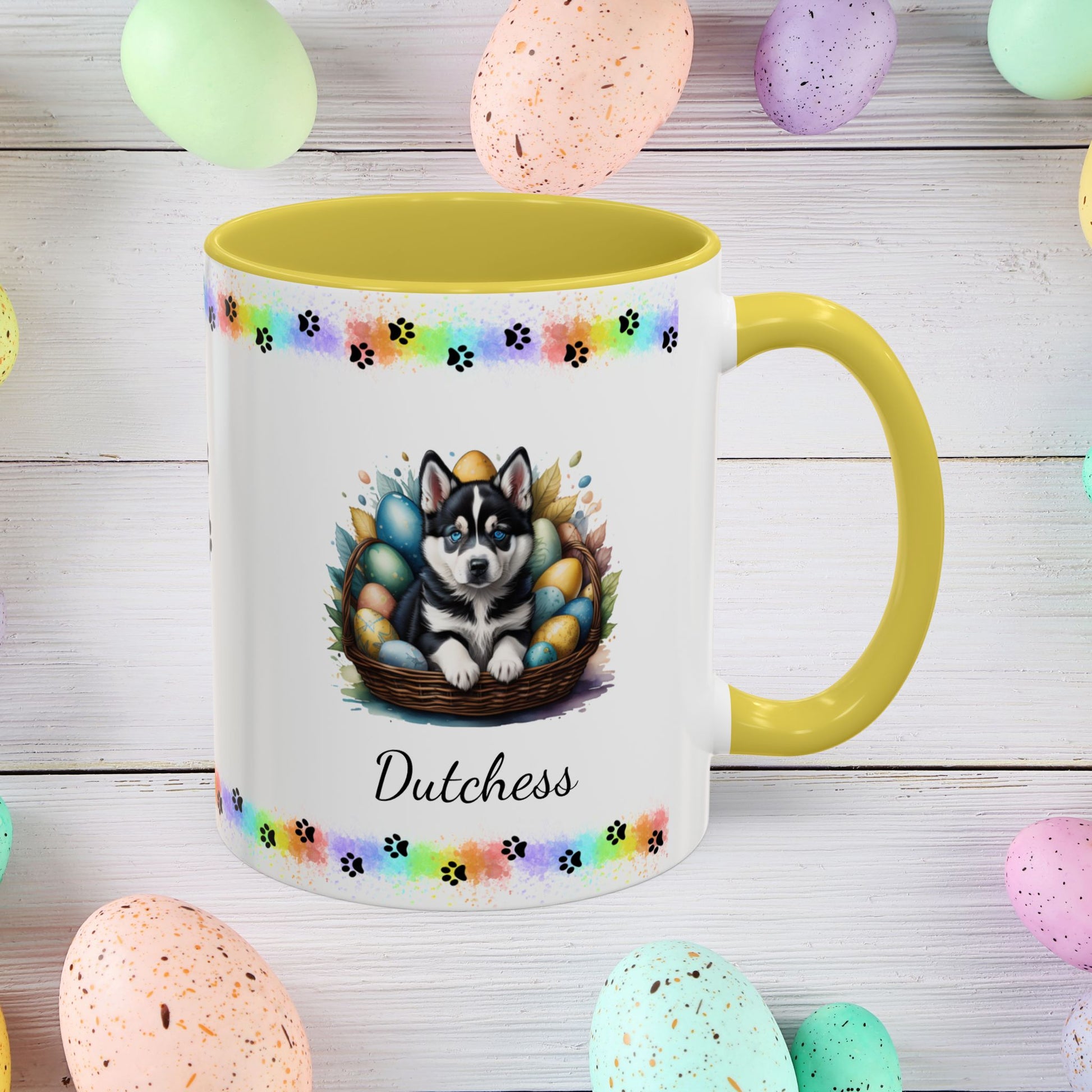 Siberian Husky: Personalized Easter Puppy Coffee Mug - Adorable Dog Design, Mental Health Gift, 11oz & 15oz, 12 Color Choices, Easter Gifts & Décor
