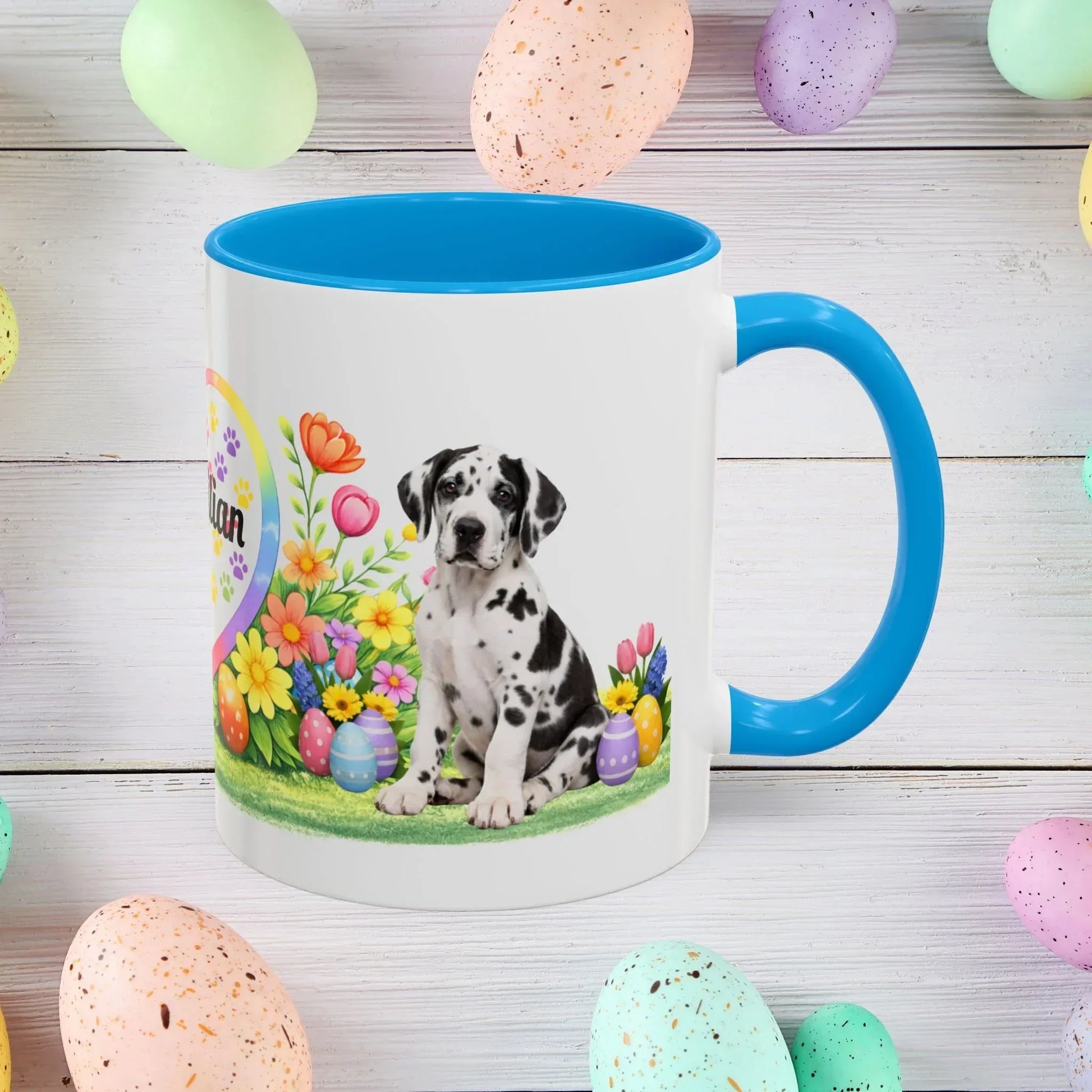 Shop our great dane harlequin puppy easter mug featuring the 11oz style option from MySisterIsASurvivor.