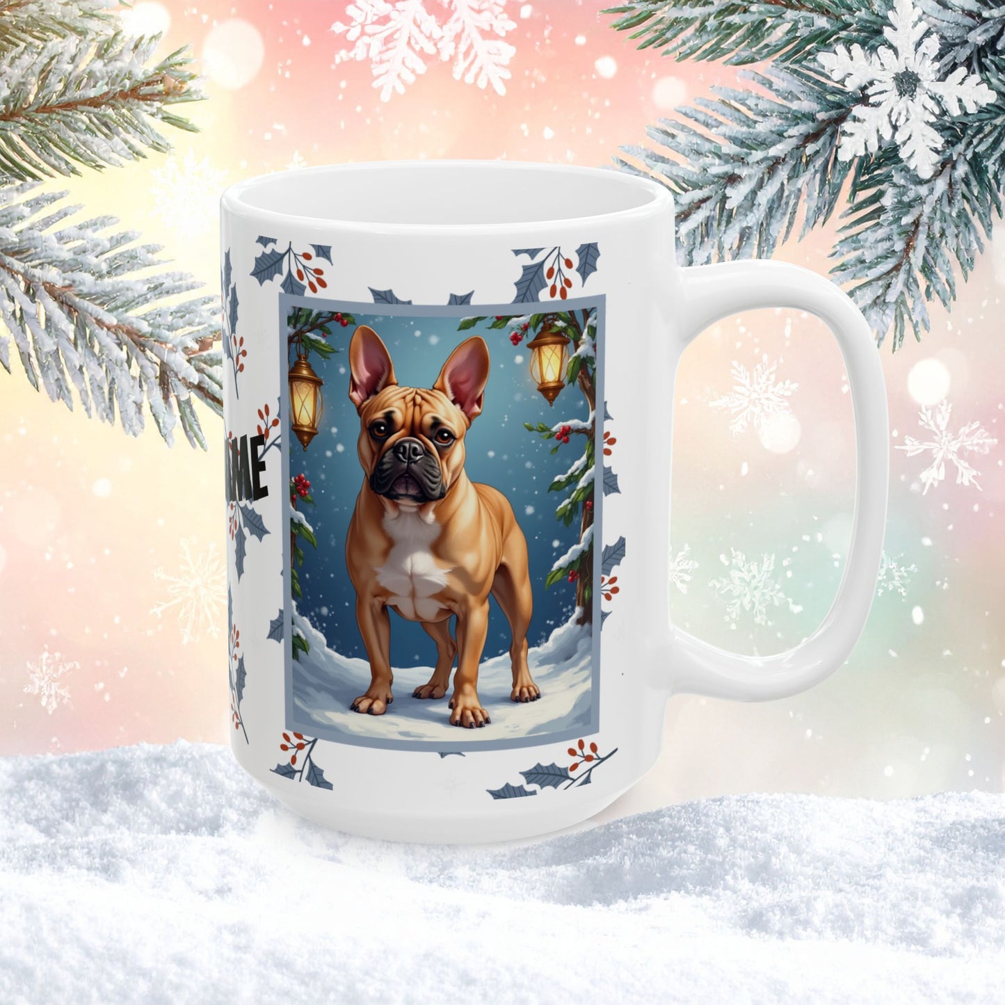 French Bulldog (Fawn) Winter Mug - fawn French Bulldog illustrated standing in a festive winter scene with pine branches