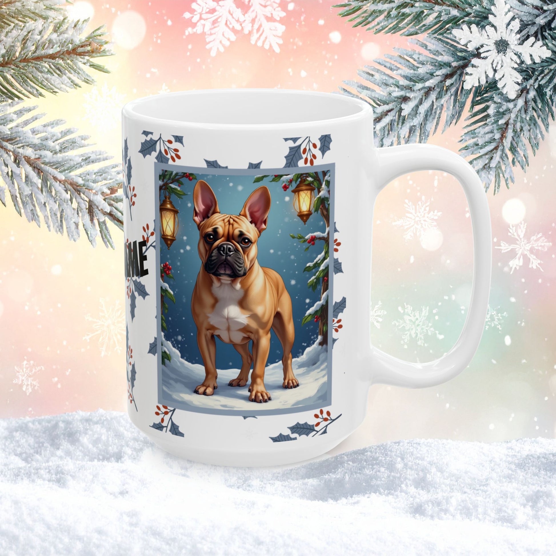 French Bulldog (Fawn) Winter Mug - fawn French Bulldog illustrated standing in a festive winter scene with pine branches