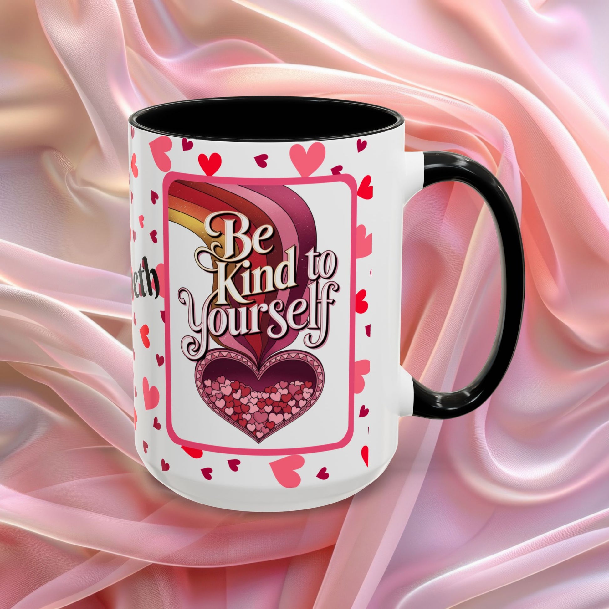 Be Kind To Yourself Valentines mug with self care message, red and pink Valentine design, affirmation coffee cup