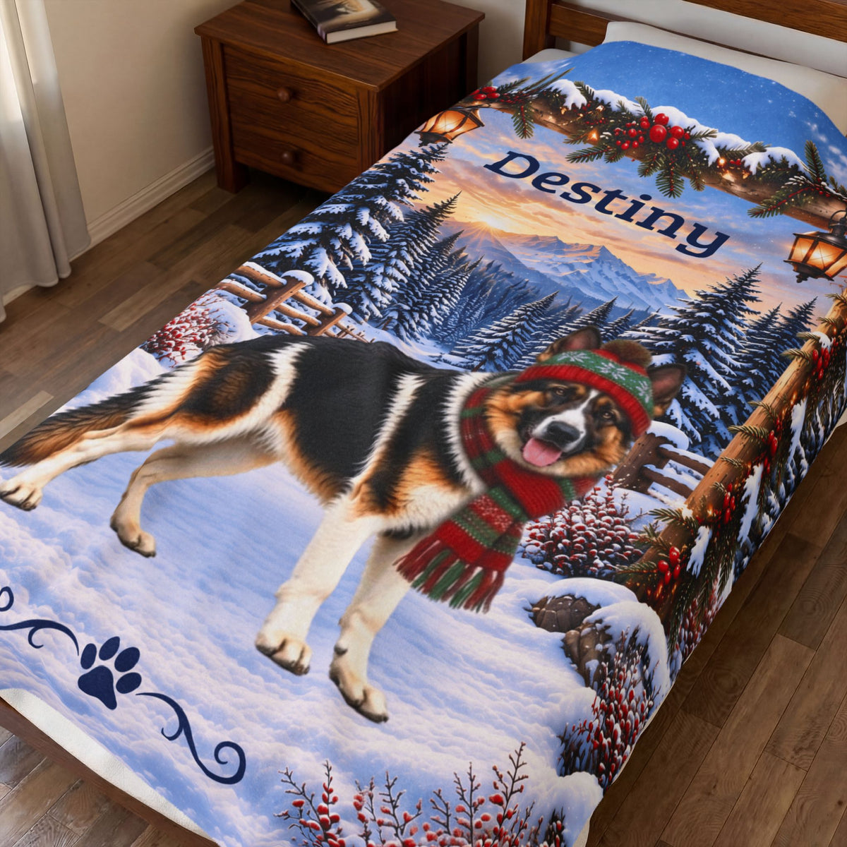 German Shepherd (Panda Piebald Coat) - Personalized Winter Blanket, Custom Name Velveteen Throw - MySisterIsAsurvor