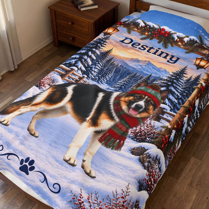 German Shepherd (Panda Piebald Coat) - Personalized Winter Blanket, Custom Name Velveteen Throw - MySisterIsAsurvor