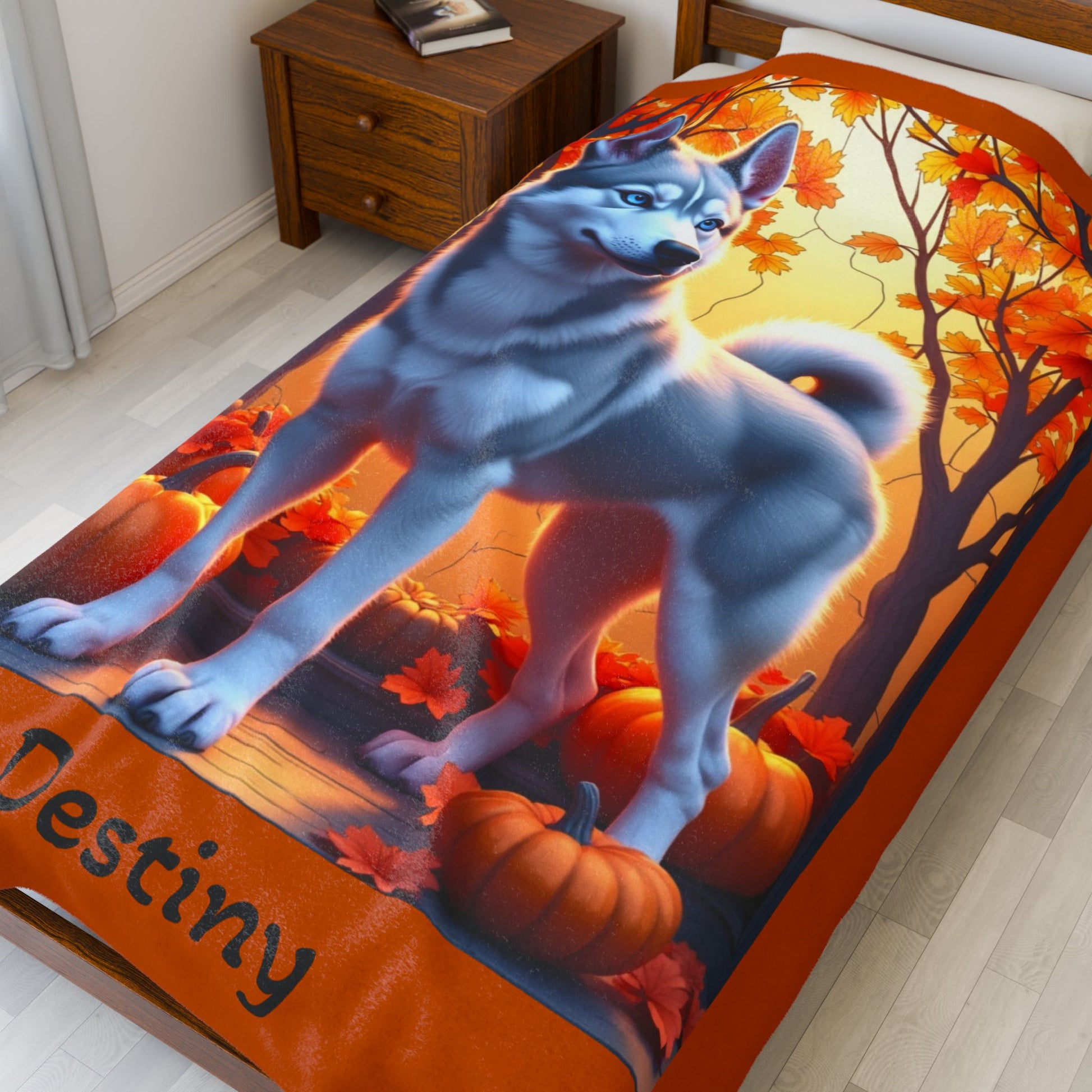 Silver Grey Husky blue eyes velveteen plush blanket, custom dog throw for Husky fans - MySisterIsASurvivor