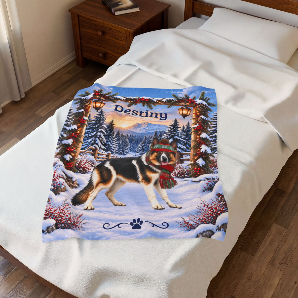 German Shepherd (Panda Piebald Coat) - Personalized Winter Blanket, Custom Name Velveteen Throw - MySisterIsAsurvor