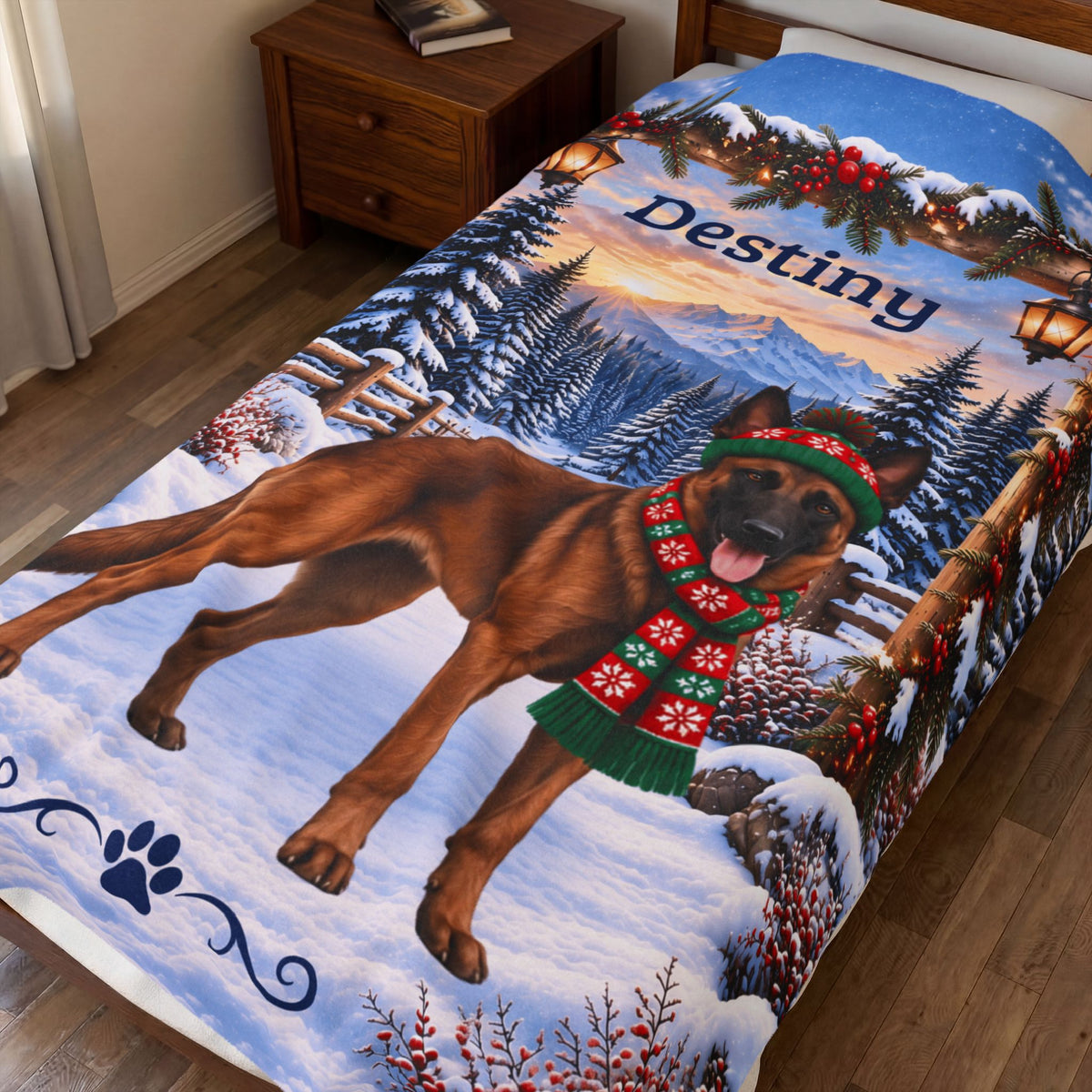 Belgian Malinois (Red Sable Coat) - Custom Name Dog Blanket, Winter Cabin Throw for Mali Owners
