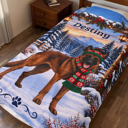 Belgian Malinois (Red Sable Coat) - Custom Name Dog Blanket, Winter Cabin Throw for Mali Owners