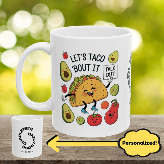 "Let's Taco 'Bout It" indoor/outdoor pillow, personalized cushion for anxiety relief and mental health support.