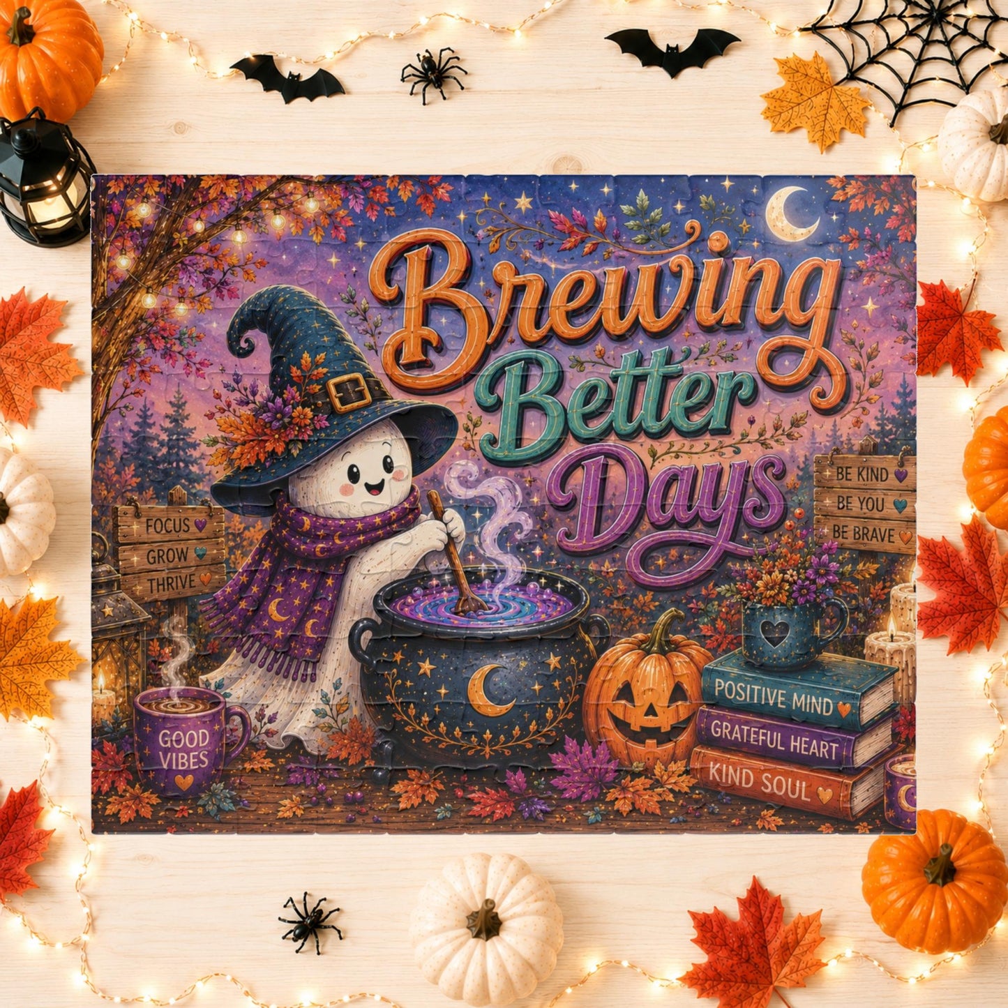 Brewing Better Days Halloween Puzzle - Ghost Stirring Cauldron with Good Vibes Mug and Affirmation Books