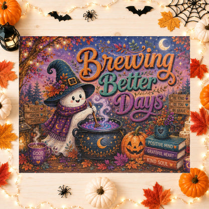 Brewing Better Days Halloween Puzzle - Ghost Stirring Cauldron with Good Vibes Mug and Affirmation Books