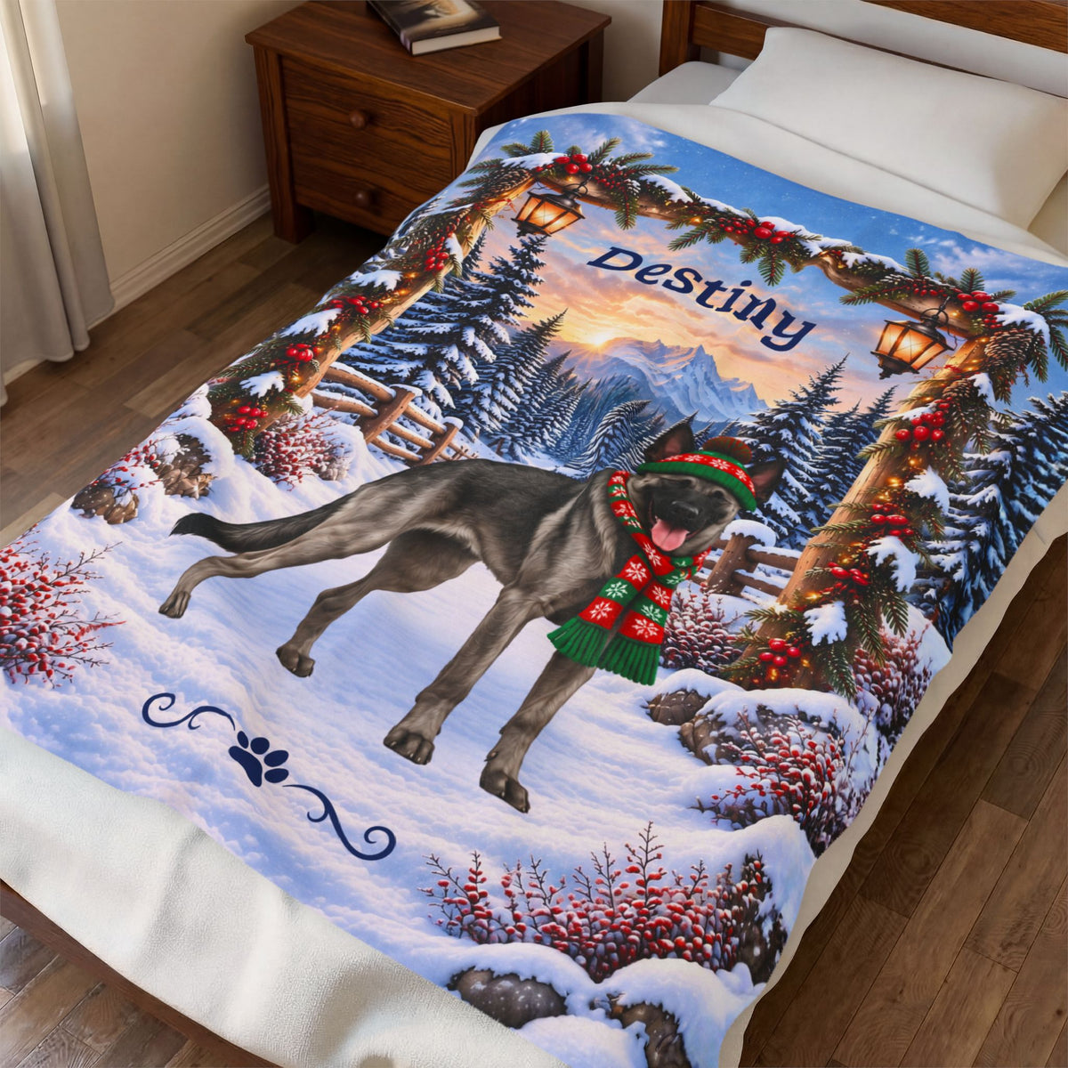 Belgian Malinois (Gray Sable Coat) - Custom Dog Name Velveteen Throw, Personalized Winter Cabin Gift