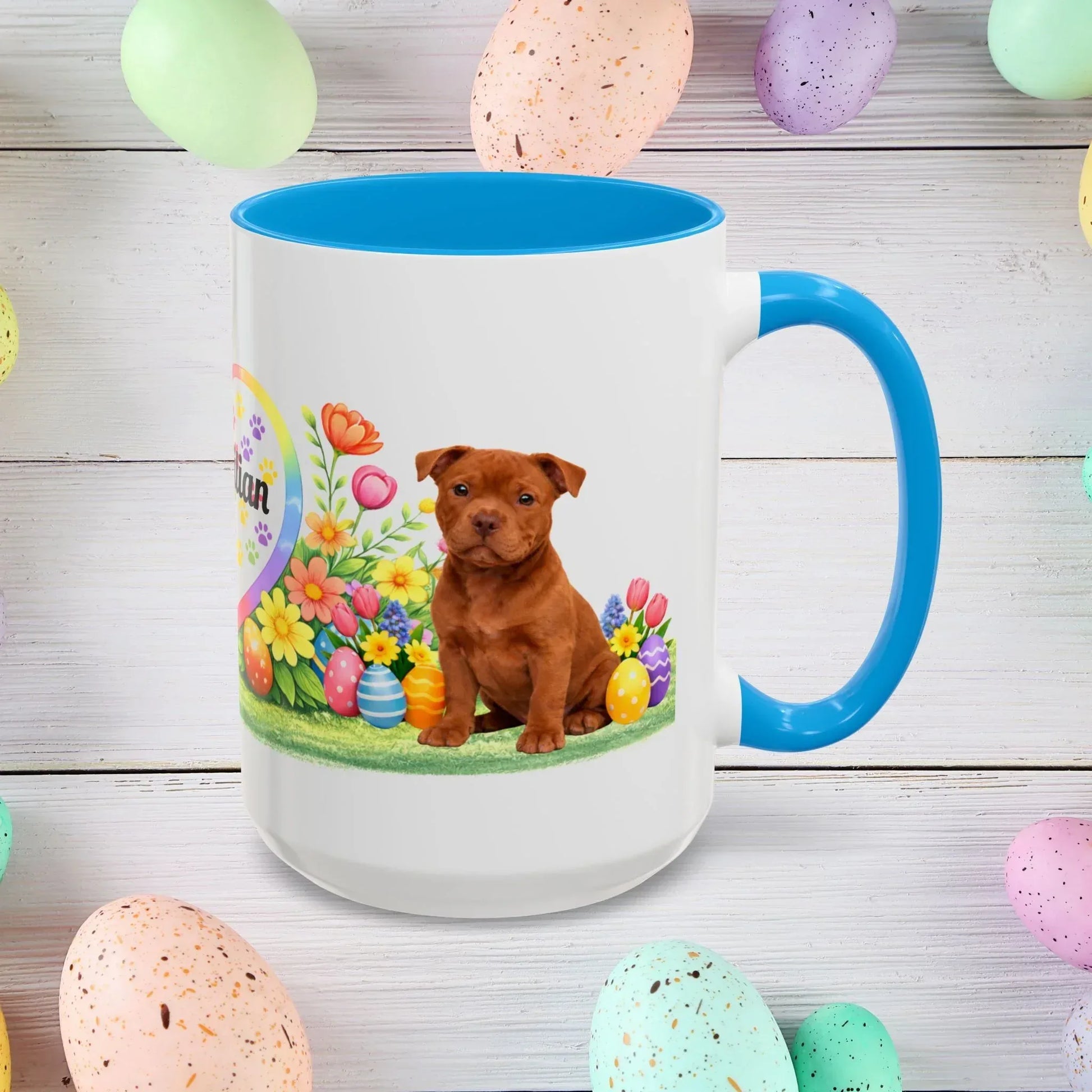 Shop our pitbull red puppy easter mug featuring the 15oz style option from MySisterIsASurvivor.