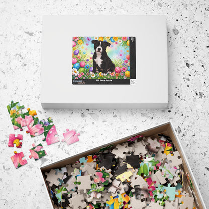 Pitbull (Black & White) Easter Puppy Puzzle - Spring Garden with Eggs, Tulips, and Daisies