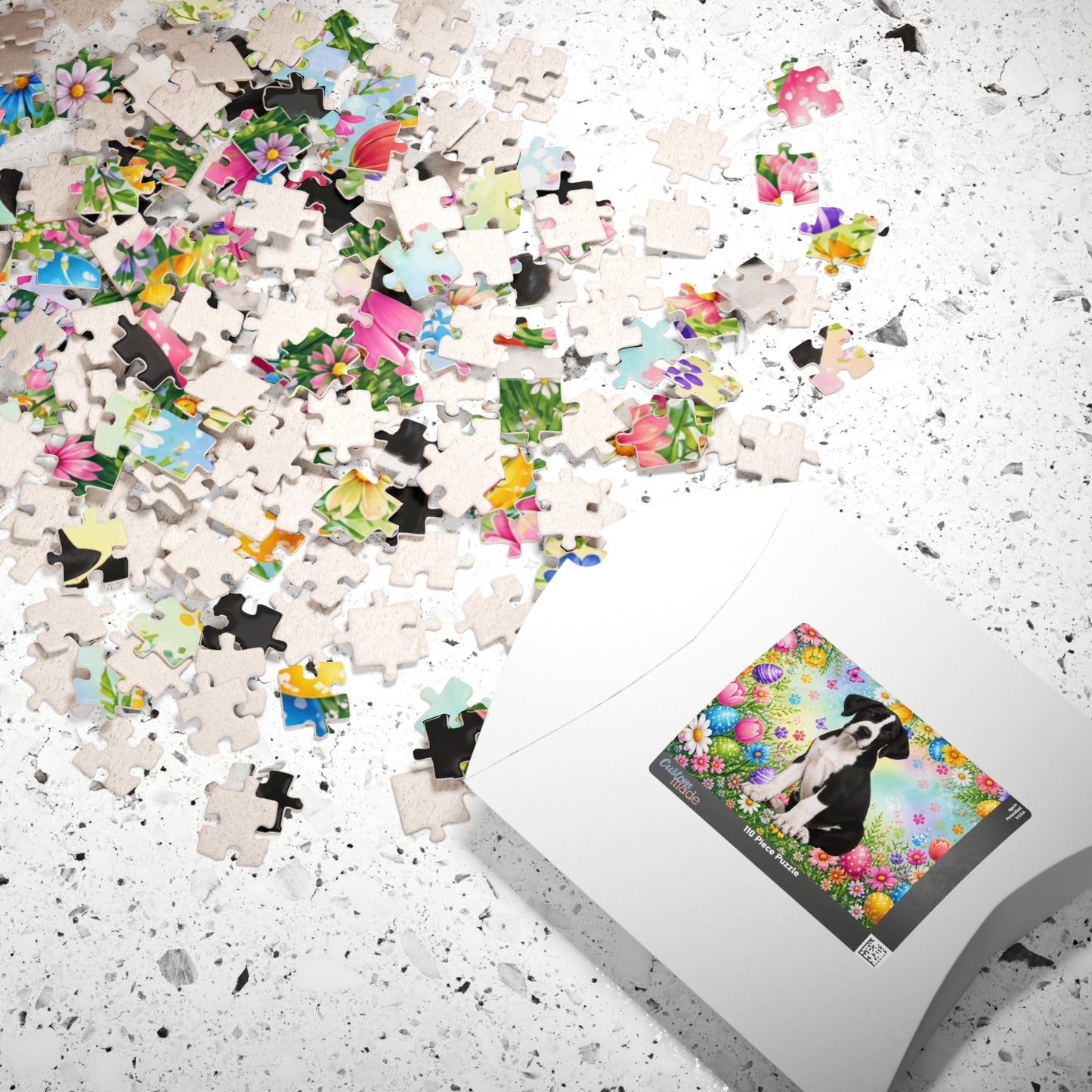 Great Dane (Mantle) Easter Puppy Puzzle - Spring Garden with Eggs, Tulips, and Daisies