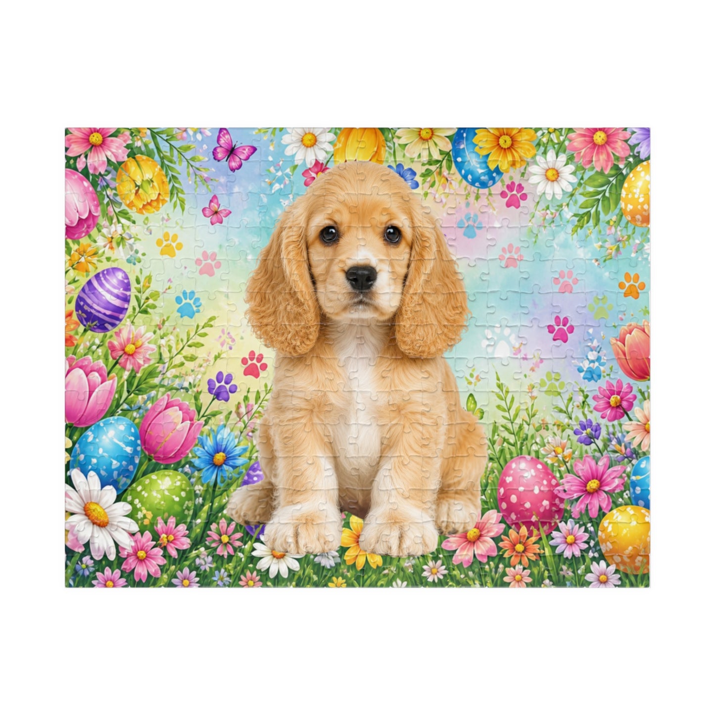 American Cocker Spaniel (Lemon & White) Easter Puppy Puzzle - Spring Garden with Eggs, Tulips, and Daisies