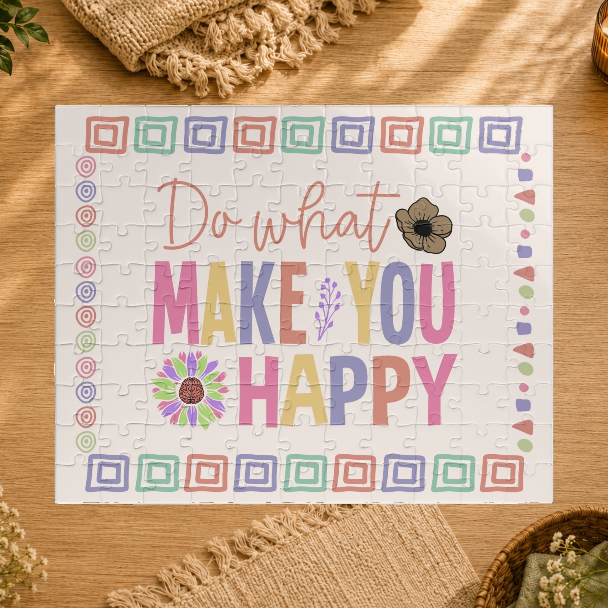 Jigsaw puzzle with motivational quote 'Do what makes you happy' on a white background