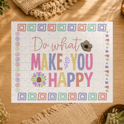 Jigsaw puzzle with motivational quote 'Do what makes you happy' on a white background