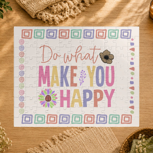 Jigsaw puzzle with motivational quote 'Do what makes you happy' on a white background