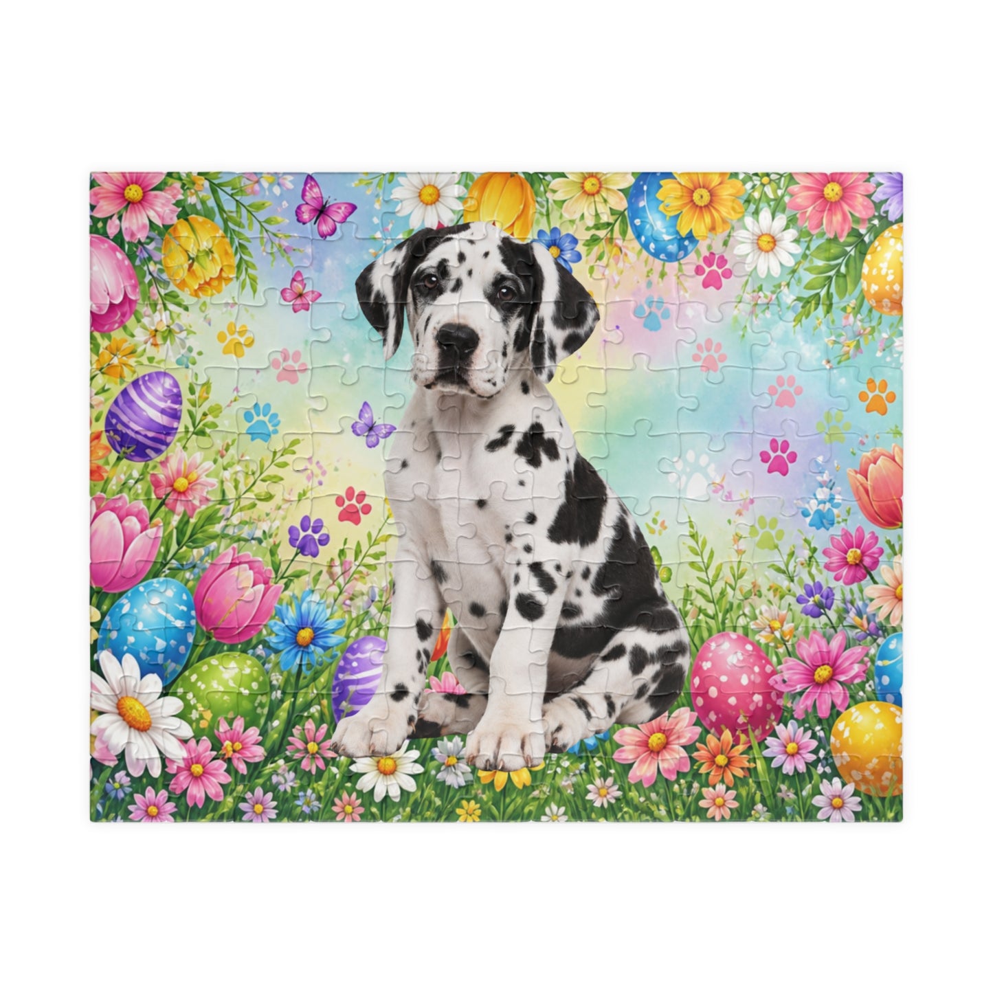 Great Dane (Harlequin) Easter Puppy Puzzle - Spring Garden with Eggs, Tulips, and Daisies