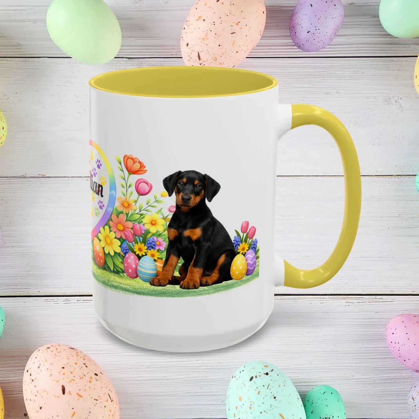 Shop our premium doberman black rust puppy easter mug from MySisterIsASurvivor.