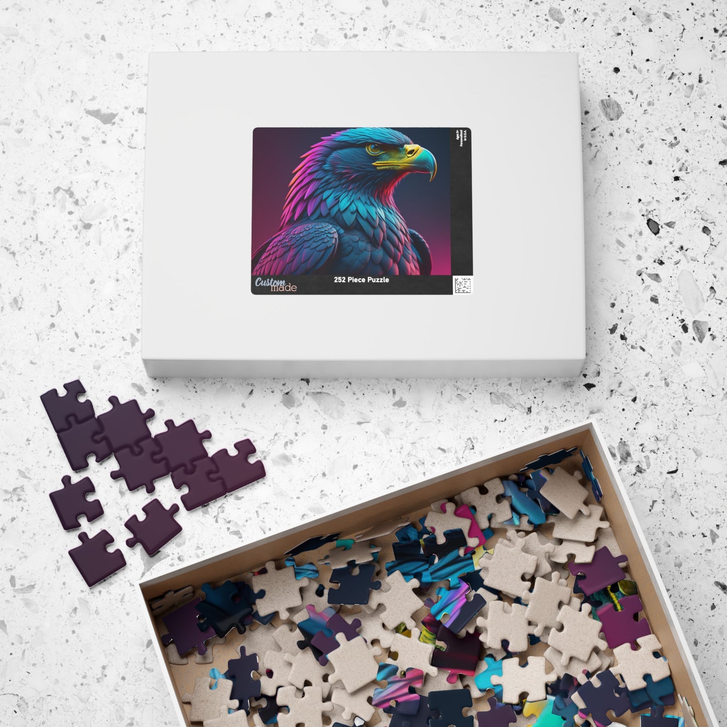 Eagle's Fortitude - Neon Eagle Portrait Puzzle with Teal and Pink-Purple Feathers on Dark Gradient