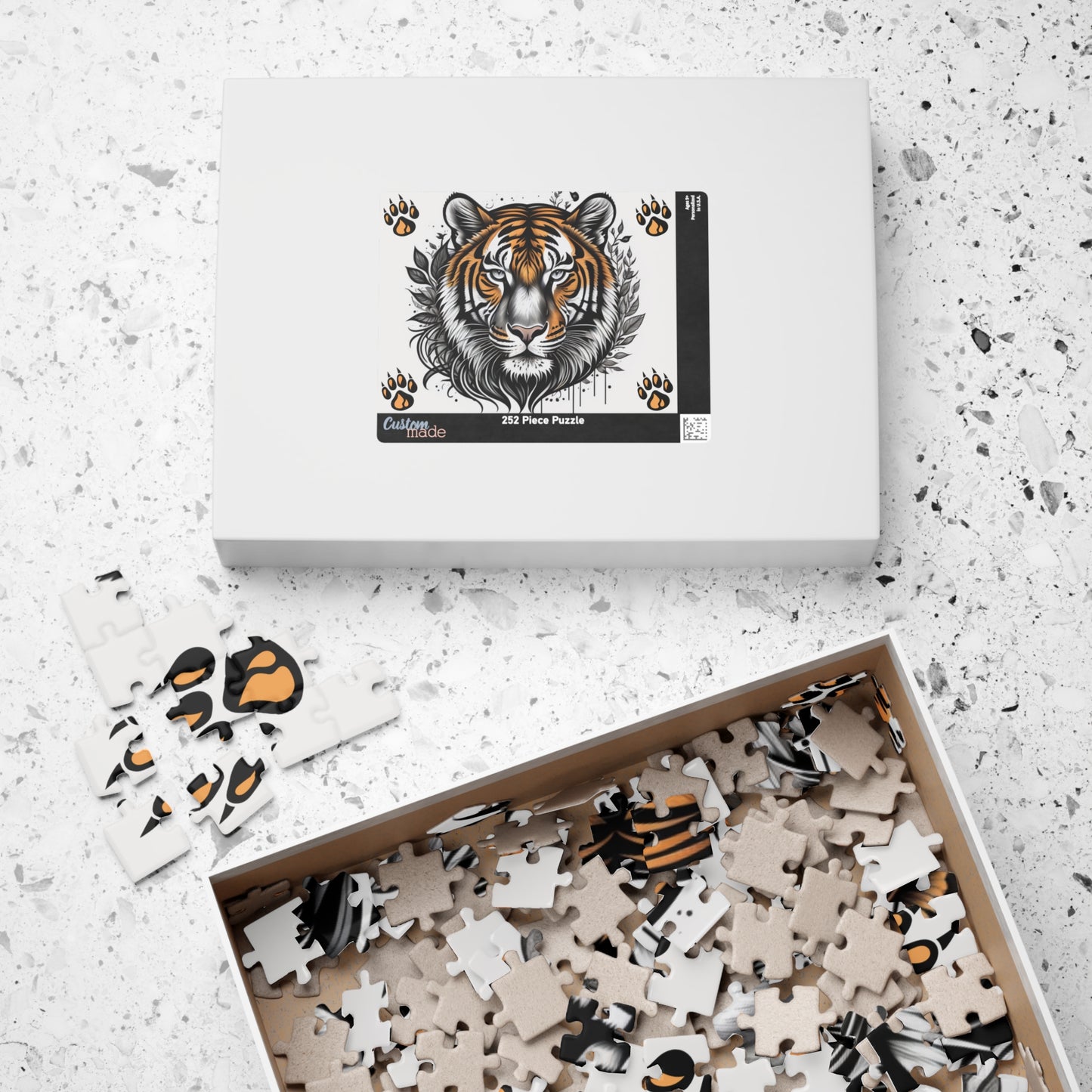 Empower Your Mind - Ink and Orange Tiger Puzzle with Botanical Leaves and Paw Prints on White
