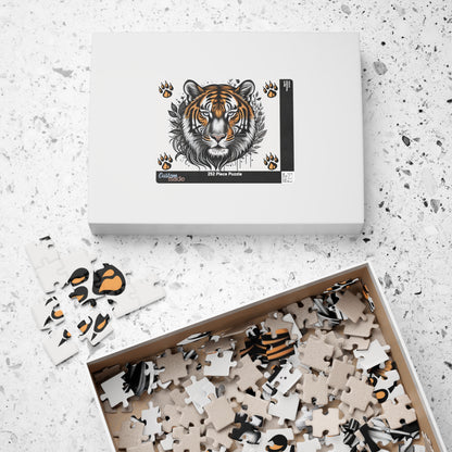 Empower Your Mind - Ink and Orange Tiger Puzzle with Botanical Leaves and Paw Prints on White