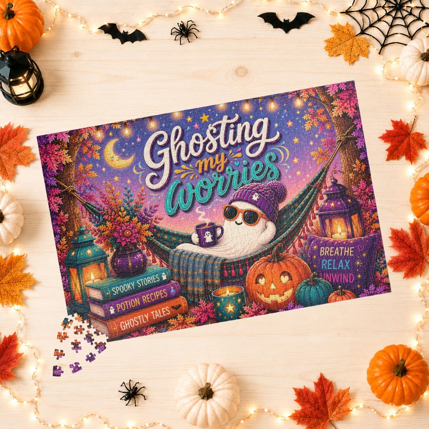 Ghosting My Worries Halloween Puzzle - Unbothered Ghost in Hammock with Breathe Relax Unwind Pillow