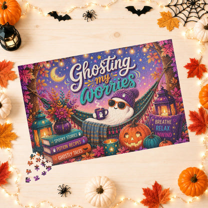 Ghosting My Worries Halloween Puzzle - Unbothered Ghost in Hammock with Breathe Relax Unwind Pillow