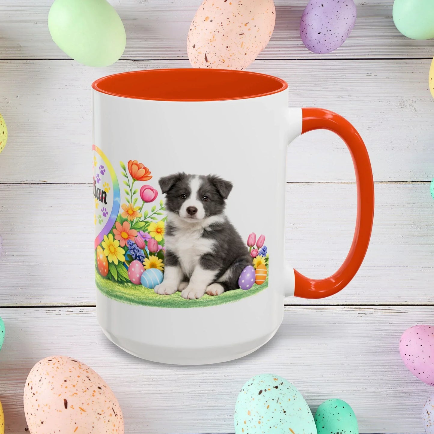 Shop our border collie blue white puppy easter mug featuring the 15oz style option from MySisterIsASurvivor.
