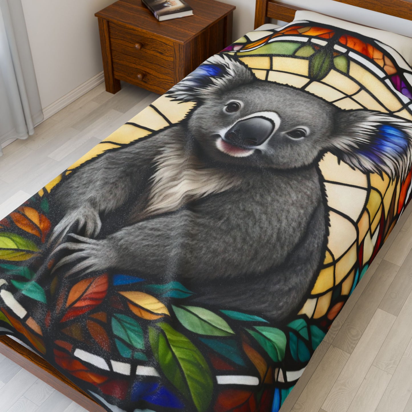A cute koala blanket with stained glass-style art, perfect for cozy comfort and self-care.