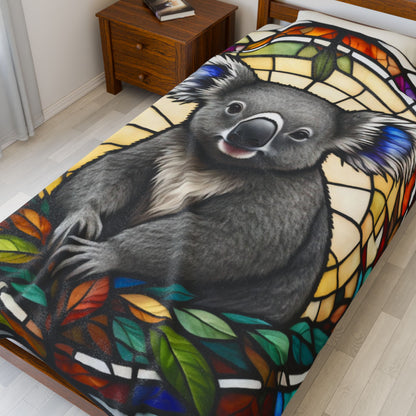 A cute koala blanket with stained glass-style art, perfect for cozy comfort and self-care.